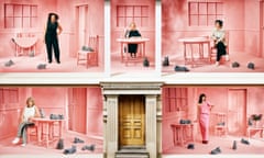 A cut-away doll’s house with writers Patrice Lawrence, Joan Bakewell, AL Kennedy, Hephzibah Anderson and VG Lee each in one of the pink rooms