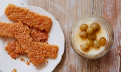 Thomasina Miers' poached gooseberries with lemon posset and oaty coconut crumble squares.