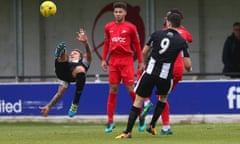 Ryan Henshaw of Heybridge Swifts with an effort on goal during their FA Trophy game against Carshalton Athletic.