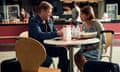 Sean Bean (Ian) and Nicola Walker (Emma) in Marriage sitting at an airport table