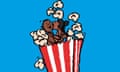 Illustration of a couple kissing while inside a giant carton of popcorn