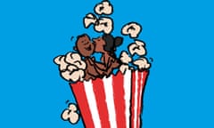 Illustration of a couple kissing while inside a giant carton of popcorn