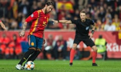 Sergio Ramos chips the ball past Norway’s goalkeeper from the penalty spot to earn Spain a 2-1 victory at the Mestalla in Valencia.