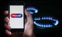 A man looking at the website logo for energy company Npower on his phone