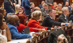 A state legislature votes in the statehouse.