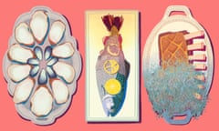 A graphic illustration of three dishes against a pink background: oysters on the half-shell, a whole fish with lemon slices, and a rack of lamb.