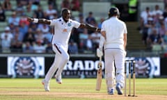 Jayden Seales celebrates after taking the wicket of nightwatchman Mark Wood.