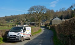 BT Openreach van parked in quiet lane near the village of Far Sawrey, Lake District National Park, Cumbria, England UK<br>D7B0RF BT Openreach van parked in quiet lane near the village of Far Sawrey, Lake District National Park, Cumbria, England UK