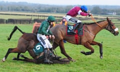 Horse Racing - 07 Jan 2016<br>Mandatory Credit: Photo by Pat Healy/racingfotos.com/REX/Shutterstock (7747110x) NAAS DEATH DUTY and Jack Kennedy (far) win the Grade 1 Lawlor's Hotel Novice Hurdle as AUGUSTA KATE and Ruby Walsh crash out at the final flight. Both horse and rider were ok. HEALY RACING Horse Racing - 07 Jan 2016