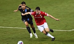 Wrexham v Philadelphia Union II Aaron James of Wrexham vies for the ball with Stefan Stojanovic of Philadelphia Union II during a preseason friendly at Subaru Park in Chester, Pennsylvania.- Pre-Season Friendly<br>CHESTER, PENNSYLVANIA - JULY 28: Stefan Stojanovic (L) #98 of the Philadelphia Union II goes after Aaron James #34 of Wrexham AFC for the ball in the second half of a pre-season friendly at Subaru Park on July 28, 2023 in Chester, Pennsylvania. The match ended 1-1. (Photo by Drew Hallowell/Getty Images)