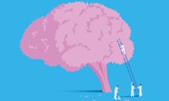 Large pink brain looks like a tree against a blue background. Two people in white suits hold a ladder that another person is climbing into the canopy. Another person sweeps up fallen debris