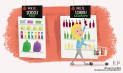 Illustration of a teacher buying wine in the run up to the new school term
