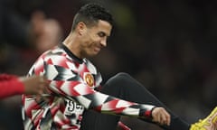 Manchester United's Cristiano Ronaldo warms up ahead of the English Premier League soccer match between Manchester United and Tottenham Hotspur at Old Trafford