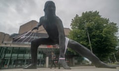 The Messenger sculpture outside Theatre Royal Plymouth, wrapped for the #MissingLiveTheatre campaign.