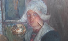 A 1920s painting of a Dutch woman in traditional costume with a deep gash across her neck.