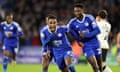 Leicester City v Millwall - Sky Bet Championship<br>LEICESTER, ENGLAND - DECEMBER 13: Ricardo Pereira of Leicester City celebrates with Wilfred Ndidi of Leicester City and Abdul Fatawu of Leicester City after scoring to make it 3-1 during the Sky Bet Championship match between Leicester City and Millwall at King Power Stadium on December 13, 2023 in Leicester, United Kingdom. (Photo by Plumb Images/Leicester City FC via Getty Images)