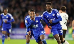 Leicester City v Millwall - Sky Bet Championship<br>LEICESTER, ENGLAND - DECEMBER 13: Ricardo Pereira of Leicester City celebrates with Wilfred Ndidi of Leicester City and Abdul Fatawu of Leicester City after scoring to make it 3-1 during the Sky Bet Championship match between Leicester City and Millwall at King Power Stadium on December 13, 2023 in Leicester, United Kingdom. (Photo by Plumb Images/Leicester City FC via Getty Images)