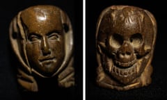 A composite image showing the carved bone rosary bead featuring a face on one (left) side and a skull on the other (right)