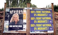 An electoral board showing France's far-right National Front president Marine Le Pen and reading: 100% National Front. 0% migrants is pictured during a demonstration  in Forges-les-Bains, south of Paris, France, Saturday, Oct. 8, 2016. French villagers are protesting the arrival of migrants who are being spread out around the country as the government shuts down the slum-like camp in Calais that has become a flashpoint in Europe’s migrant crisis. (AP Photo/Christophe Ena)