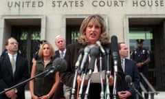 Linda Tripp meets with reporters outside federal court in Washington on 29 July 1998. 