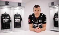 Mark Ricketts Boreham Wood footballer<br>Mark Ricketts, the captain of Boreham Wood FC, poses for a portrait wearing the special new kit they will use in their F.A. Cup 5th round match away to Everton in the home dressing room at Meadow Park Stadium on March 1st 2022 in Borehamwood, Hertfordshire (Photo by Tom Jenkins)