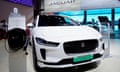 A Jaguar electric vehicle (EV) is seen displayed at the Jaguar Land Rover booth during a media day for the Auto Shanghai show in Shanghai, China, April 19, 2021. REUTERS/Aly Song/File Photo