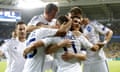 Dynamo Kyiv's Junior Moraes celebrates with his team mates after scoring against Maccabi Tel Aviv during their Champions League group G soccer match at Sammy Ofer stadium in Haifa, Israel<br>Dynamo Kyiv's Junior Moraes (C) celebrates with his team mates after scoring  against Maccabi Tel Aviv during their Champions League group G soccer match at Sammy Ofer stadium in Haifa, Israel September 29, 2015. REUTERS/Baz Ratnerâ€¨