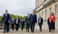 The DUP leader, Edwin Poots (centre), with deputy leader Paula Bradley (right) and first minister-designate Paul Givan (left) at Stormont