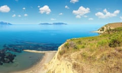 Morning summer sea rocky coast landscape (Narta Lagoon, Vlore, Albania).<br>2PMJKGW Morning summer sea rocky coast landscape (Narta Lagoon, Vlore, Albania).