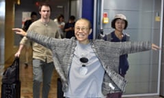 Liu Xia smiles as she arrives at Helsinki airport on her way to Berlin.