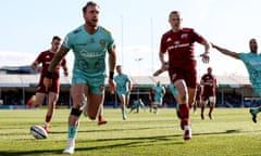 Stuart Hogg scores Exeter’s first try before his late drop goal extended his side’s lead against Munster