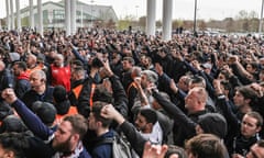 FBL-FRA-LIGUE1-BORDEAUX-MONTPELLIER<br>Bordeaux' supporters react outside the Matmut stadium in Bordeaux, southwestern France, after the Girondins de Bordeaux lost their French L1 football match against Montpellier (0-2), on March 20, 2022. (Photo by Thibaud Moritz / AFP) (Photo by THIBAUD MORITZ/AFP via Getty Images)