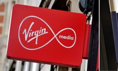 shop signs for Virgin media and O2 in central London