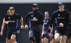 Moeen Ali (centre) in England training.