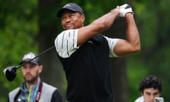 Tiger Woods tees off the second hole during a practice round prior to the the PGA Championship tournament at Valhalla on 14 May 2024