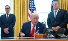 President Trump Announces Sudan Israel Peace Agreement<br>epa08768581 US President Donald J. Trump (C) speaks on a conference call with leaders of Israel and Sudan and to members of the media about a Sudan-Israel peace agreement at the White House in Washington, DC, USA, on 23 October 2020 as US Secretary of State Michael Pompeo (R) and US Treasury Secretary Steve Mnuchin (L) look on. President Trump announced that Israel and Sudan will start to normalize ties. EPA/LEIGH VOGEL / POOL