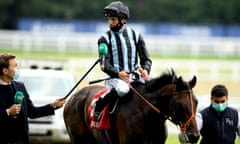 Jockey Pat Dobbs is interviewed by ITV racing after winning the BetfredTV Pat Eddery Stakes on Chindit at Ascot last month