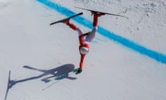 Niu Shaojie of China crashing out in the men’s Super-G standing para alpine skiing
