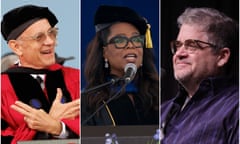 A composite image shows Tom Hanks, Oprah Winfrey and Patton Oswalt.