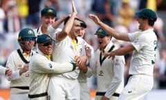 Australia v England - 3rd Test: Day 2<br>MELBOURNE, AUSTRALIA - DECEMBER 27: Scott Boland of Australia (C) celebrates after dismissing Jack Leach of England during day two of the Third Test match in the Ashes series between Australia and England at Melbourne Cricket Ground on December 27, 2021 in Melbourne, Australia. (Photo by Daniel Pockett - CA/Cricket Australia via Getty Images)