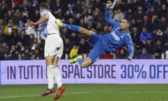Juventus’ Cristiano Ronaldo tries an acrobatic kick during an Italian Serie A soccer match between Spal and Juventus at the Paolo Mazza stadium in Ferrara, Italy, Saturday, Feb. 22, 2020. (Filippo Rubin/LaPresse via AP)