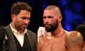 Oleksandr Usyk v Tony Bellew - Manchester Arena<br>Eddie Hearn (left) with Tony Bellew after his defeat by Oleksandr Usyk after their WBC, WBA, IBF, WBO &amp; Ring Magazine Cruiserweight World Championship bout at Manchester Arena. PRESS ASSOCIATION Photo. Picture date: Saturday November 10, 2018. See PA story BOXING Manchester. Photo credit should read: Nick Potts/PA Wire.