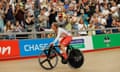 England's Laura Kenny celebrates winning the women's 10km scratch race at the Commonwealth Games in 2022.