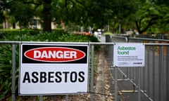 Asbestos signs at Sydney’s Victoria park, where bonded asbestos was found in mulch, 14 February 2024.