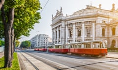 Wiener Ringstrasse with Burgtheater and tram at sunrise, Vienna