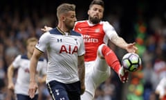 Toby Alderweireld and Olivier Giroud do battle last season in the north London derby