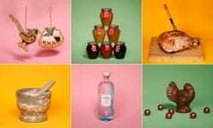 Pictures of tree decorations, jams, ham, pestle & Mortar, gin and a chocolate turkey for the Observer Food Monthly Christmas gift guide 2018