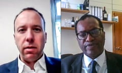 Screengrabs of Matt Hancock and Kwasi Kwarteng looking serious