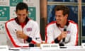 Great Britain v France - Davis Cup World Group Quarter Final<br>Tennis - Great Britain v France - Davis Cup World Group Quarter Final - Queen�s Club, London - 16/7/15
Great Britain's James Ward and Andy Murray share a joke during the post draw press conference 
Action Images via Reuters / Andrew Boyers
Livepic