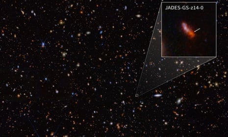 Stars photographed by the James Webb space telescope, with an inset picture of a magnified galaxy